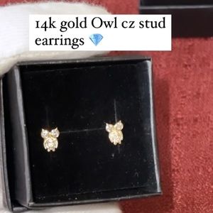 14k gold Owl cz stud earrings